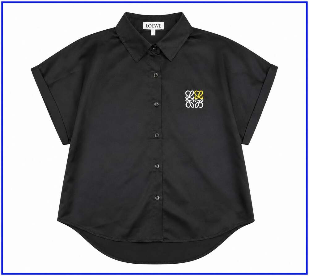 Anagram Embroidered Short-Sleeve Button-Down Shirt in Black Silk